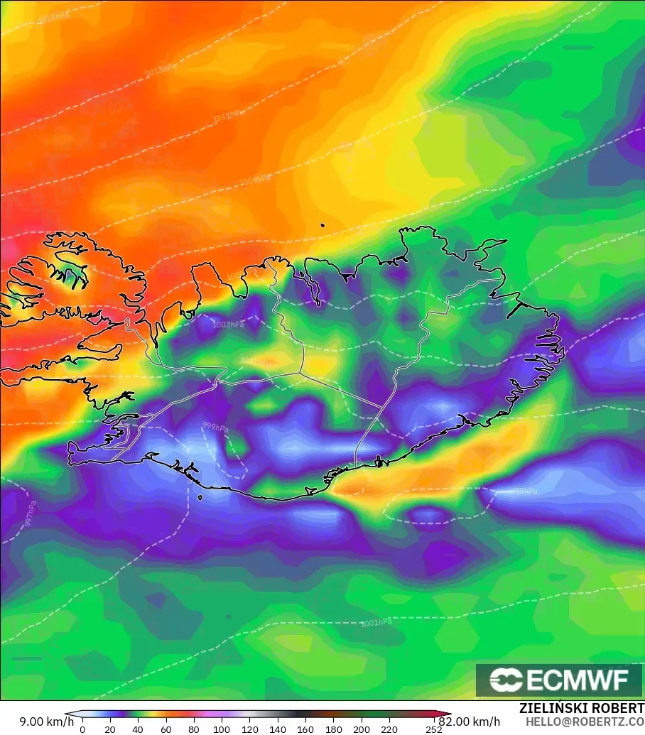 ECMWF IFS 0.25° model - Islandia, Hembusan Angin