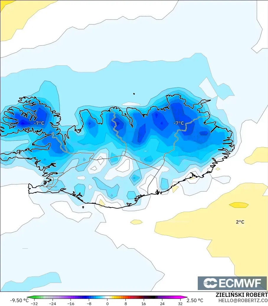 ECMWF IFS 0.25° model - Islandia, Anomali Suhu 2 m