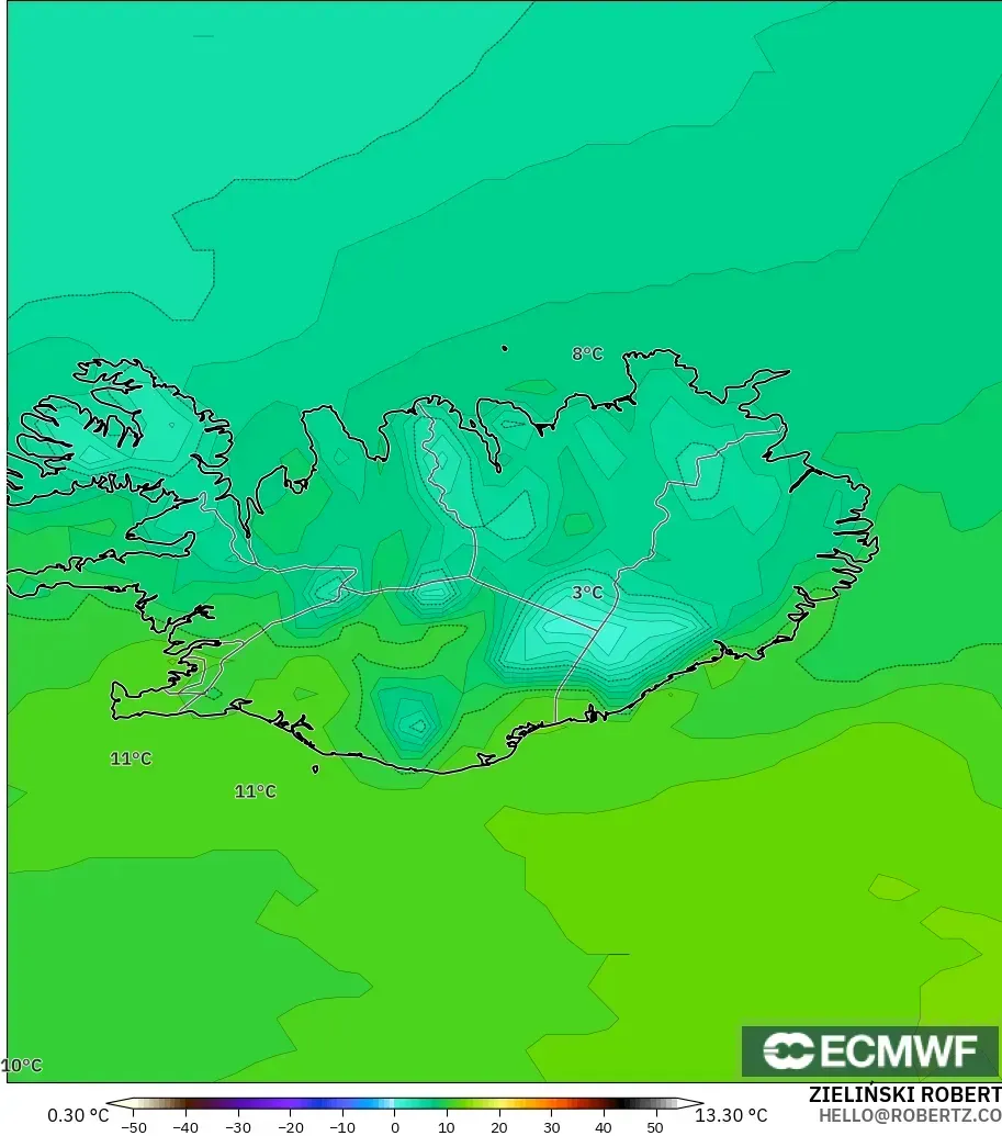 ECMWF IFS 0.25° model - Islandia, Suhu 2 m