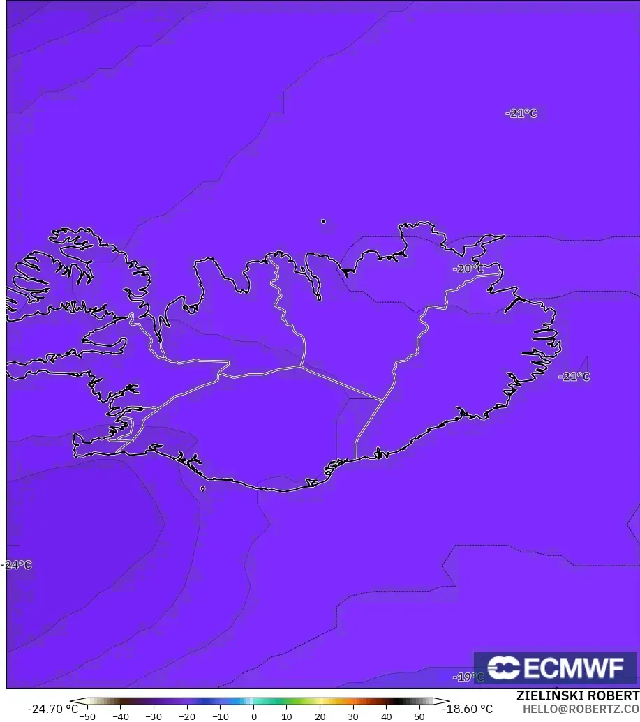 ECMWF IFS 0.25° model - Islandia, Suhu 500 hPa