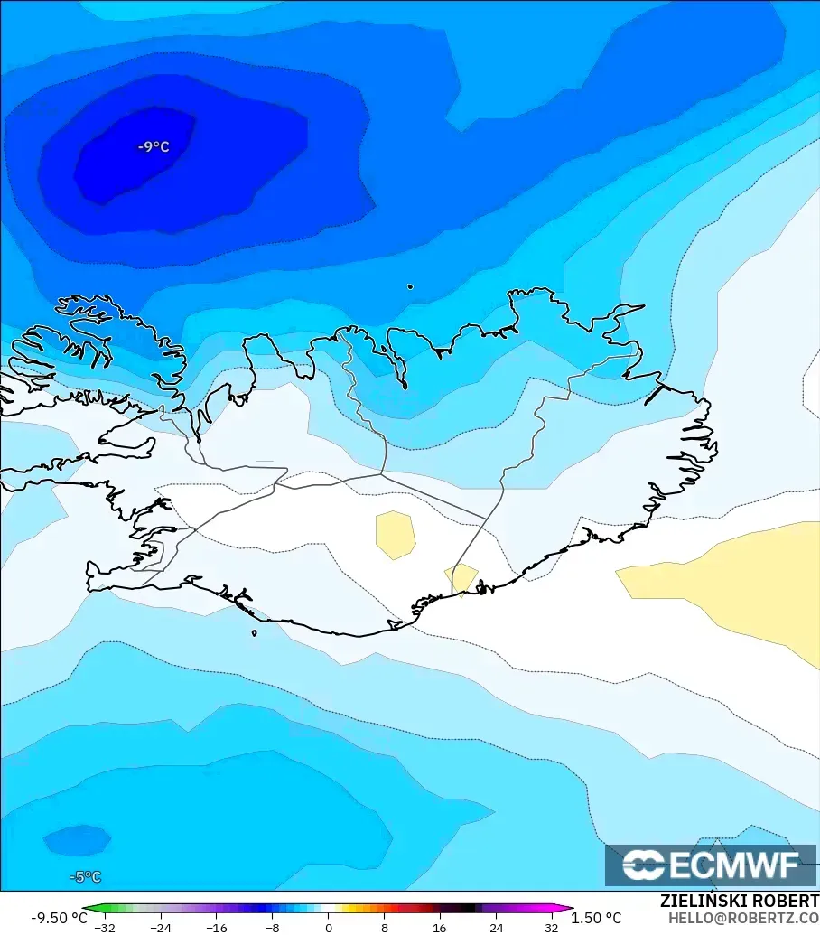 ECMWF IFS 0.25° model - Islandia, Anomali Suhu 850 hPa