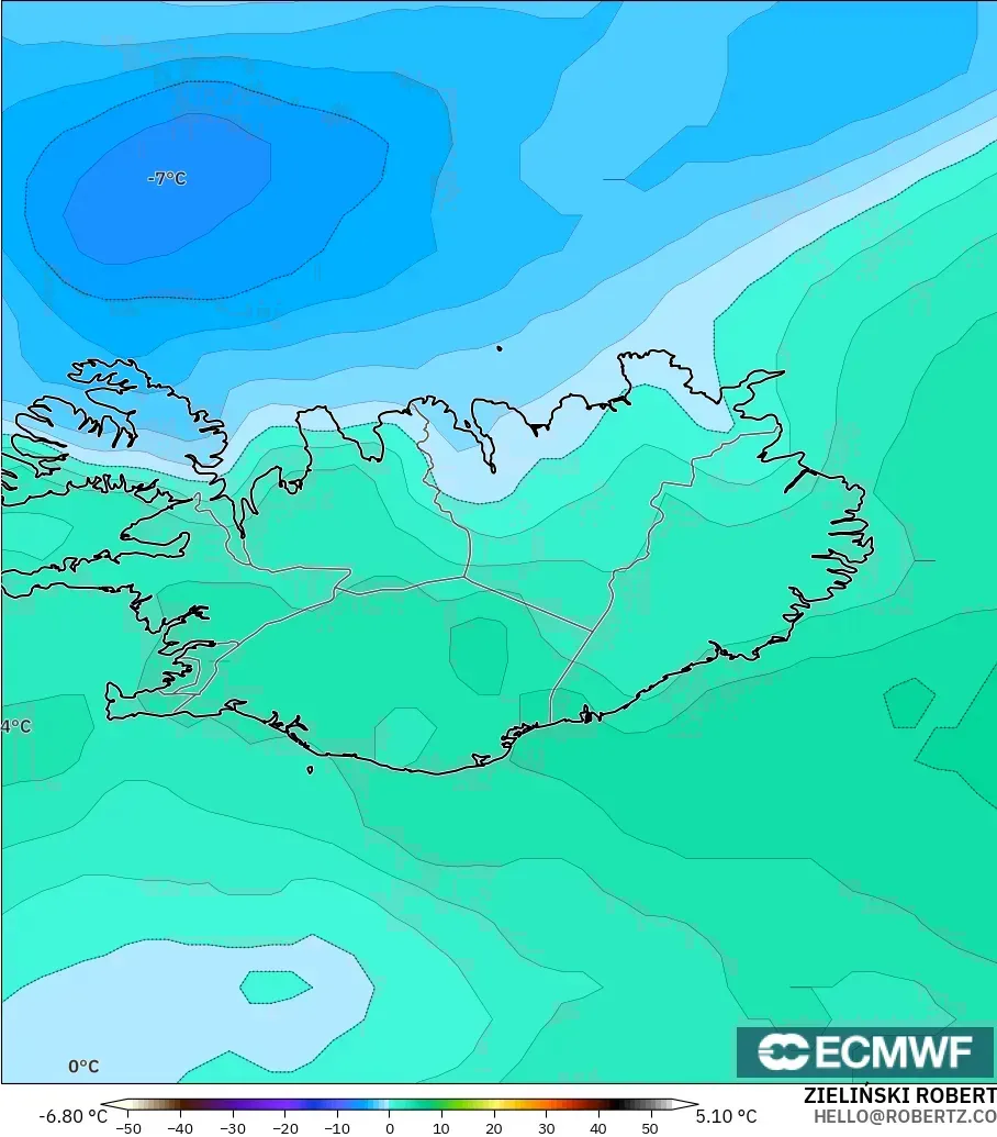 ECMWF IFS 0.25° model - Islandia, Suhu 850 hPa