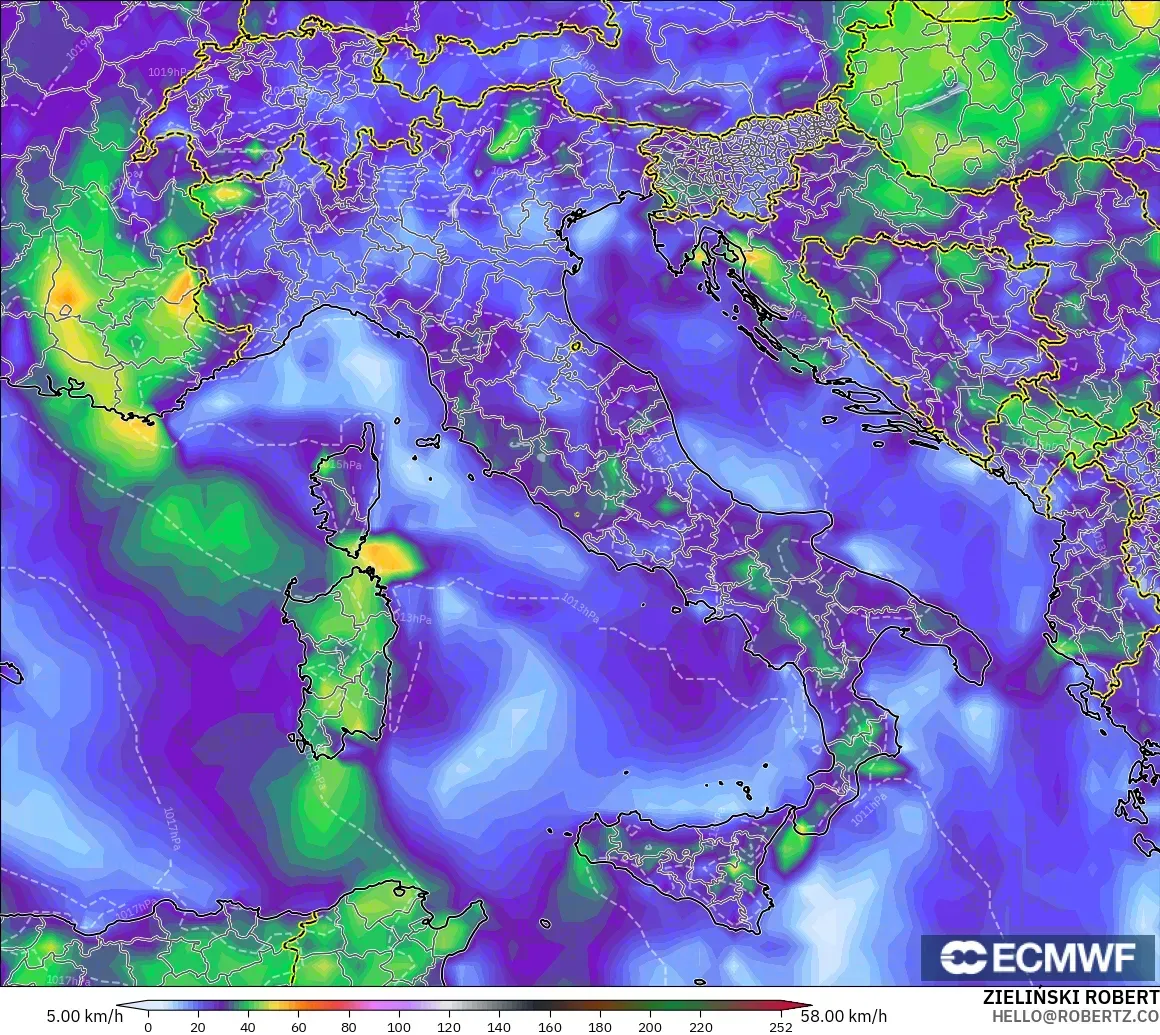 ECMWF IFS 0.25° model - Italia, Puncak Hembusan