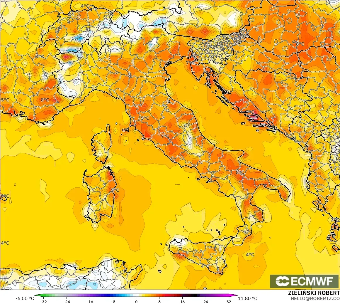 ECMWF IFS 0.25° model - Italia, Anomali Suhu 2 m