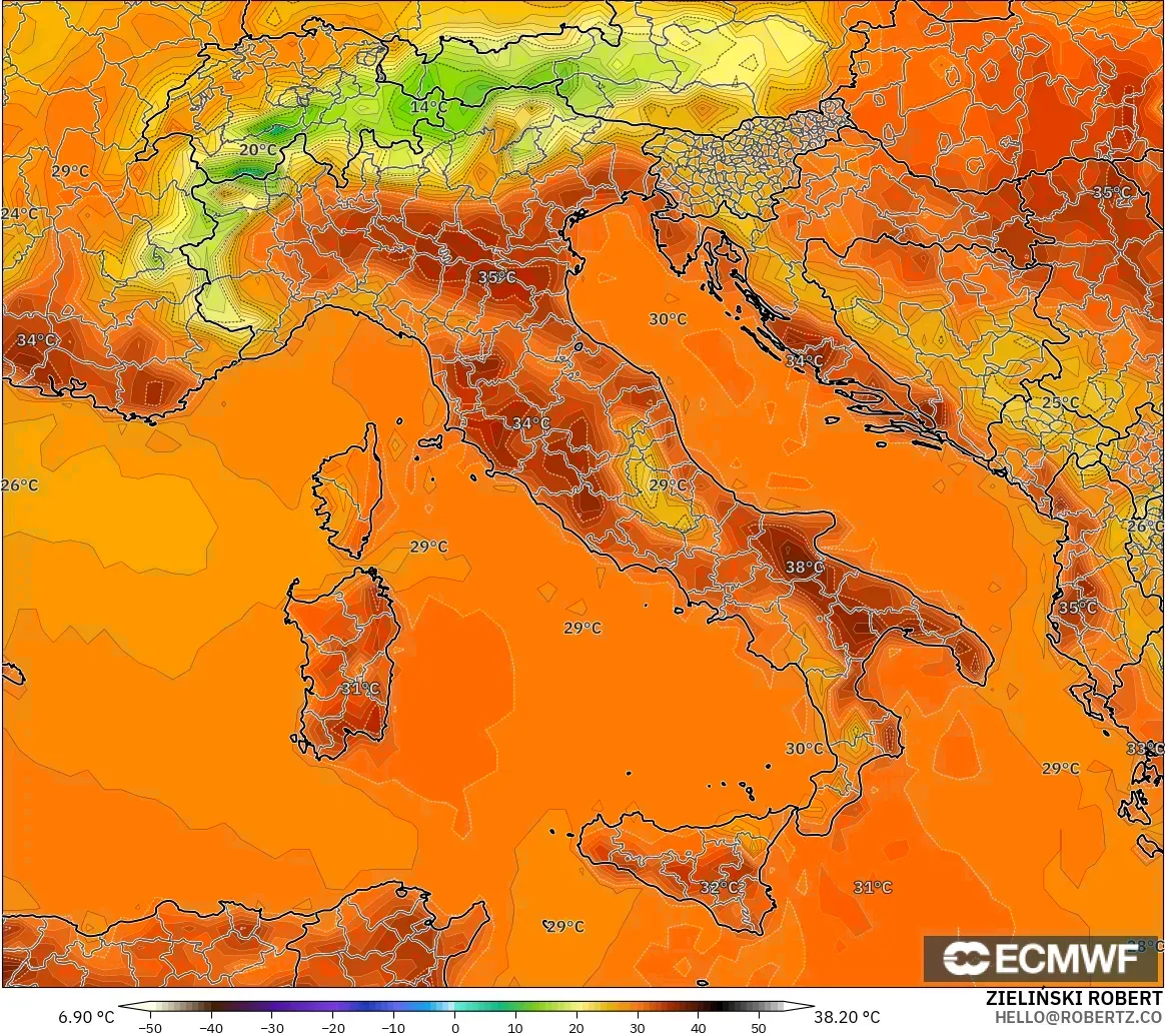 ECMWF IFS 0.25° model - Italia, Suhu 2 m