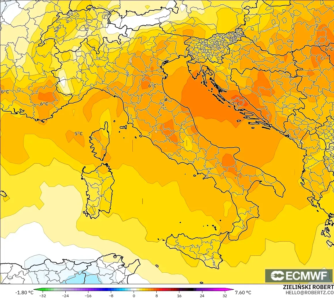 ECMWF IFS 0.25° model - Italia, Anomali Suhu 850 hPa