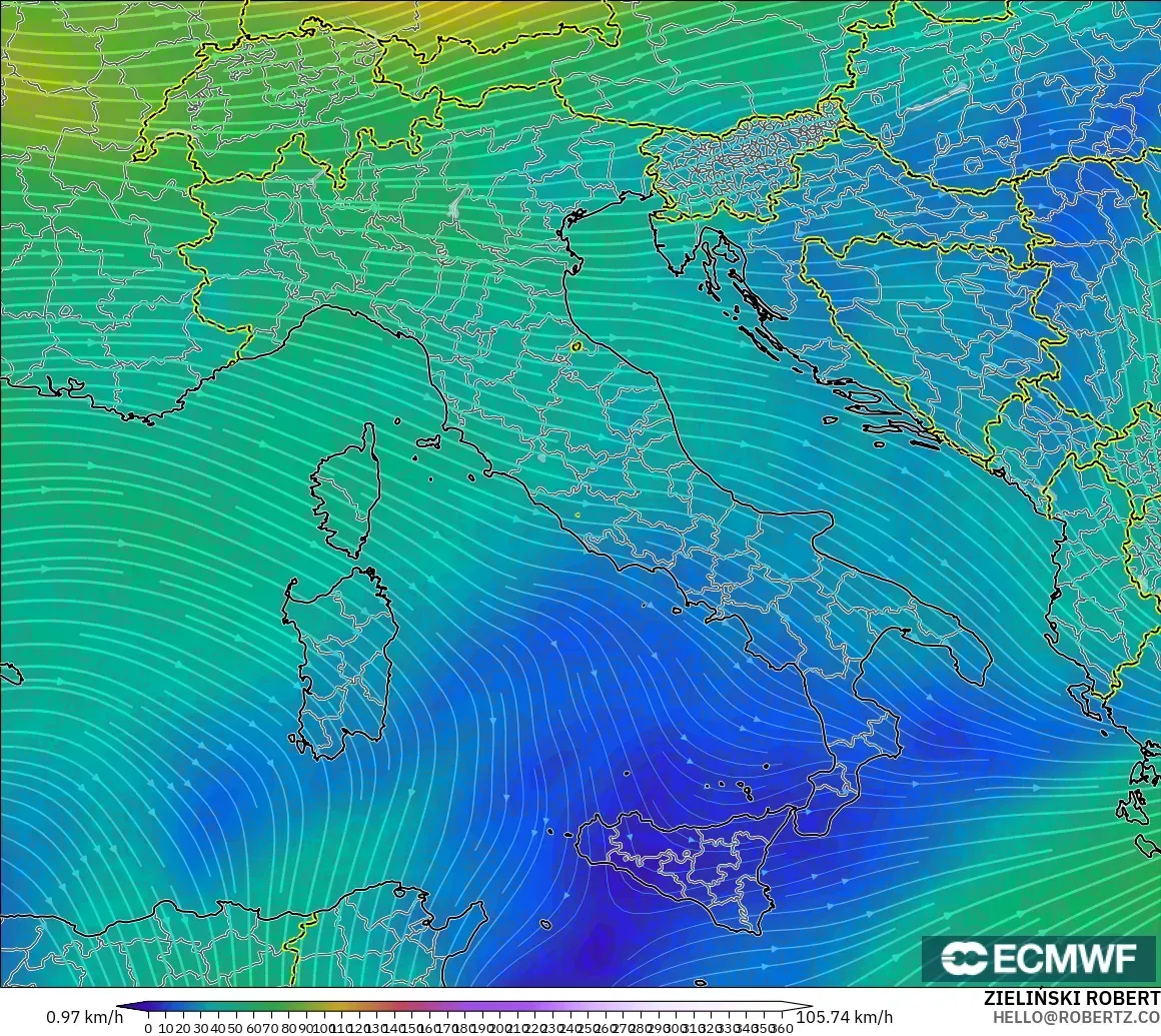 ECMWF IFS 0.25° model - Italia, Angin 300 hPa (aliran jet)