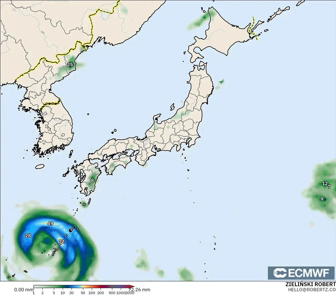 ECMWF IFS 0.25° model - Jepang, Akumulasi Curah Hujan