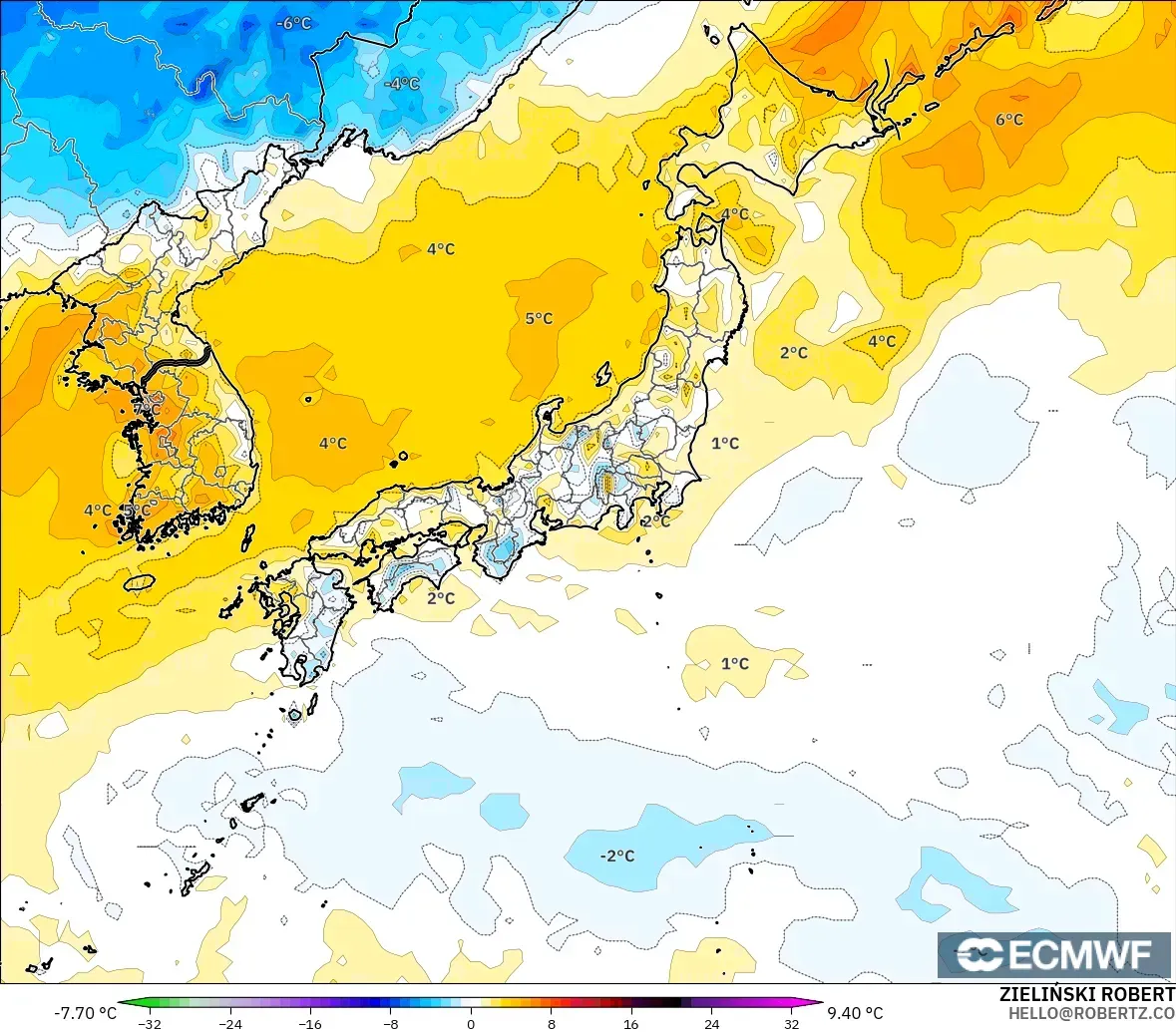 ECMWF IFS 0.25° model - Jepang, Anomali Suhu 2 m