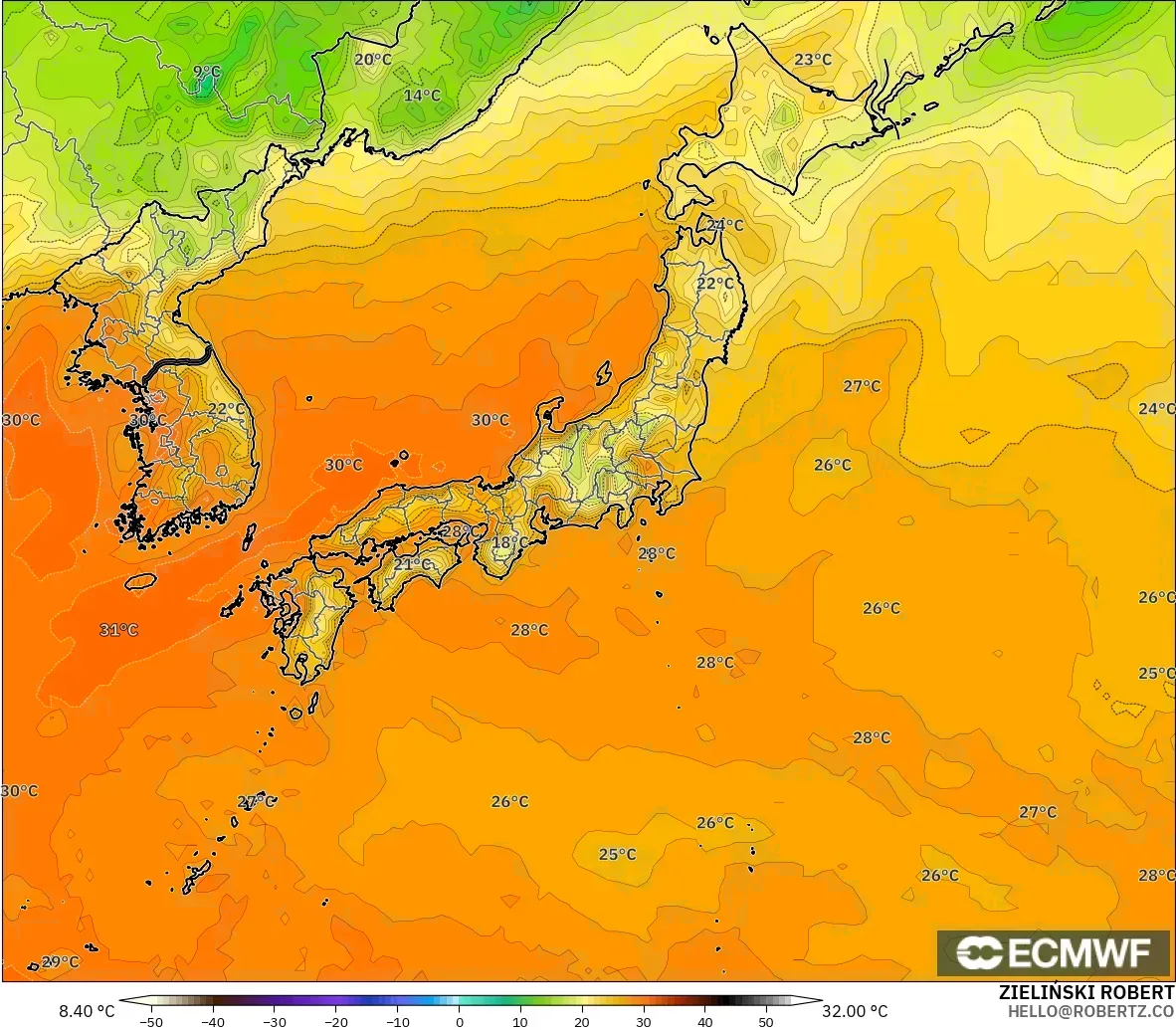 ECMWF IFS 0.25° model - Jepang, Suhu 2 m