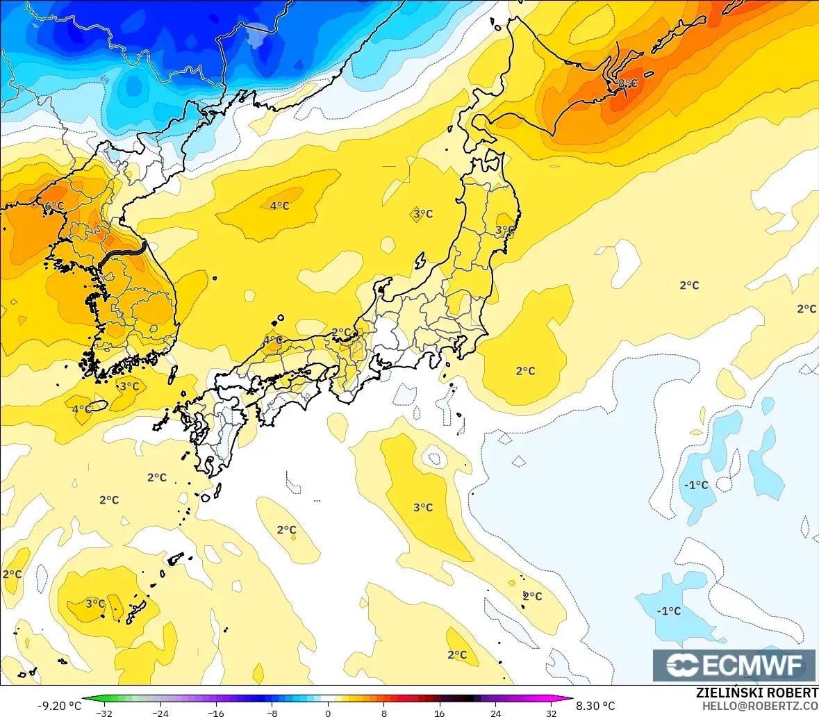 ECMWF IFS 0.25° model - Jepang, Anomali Suhu 850 hPa