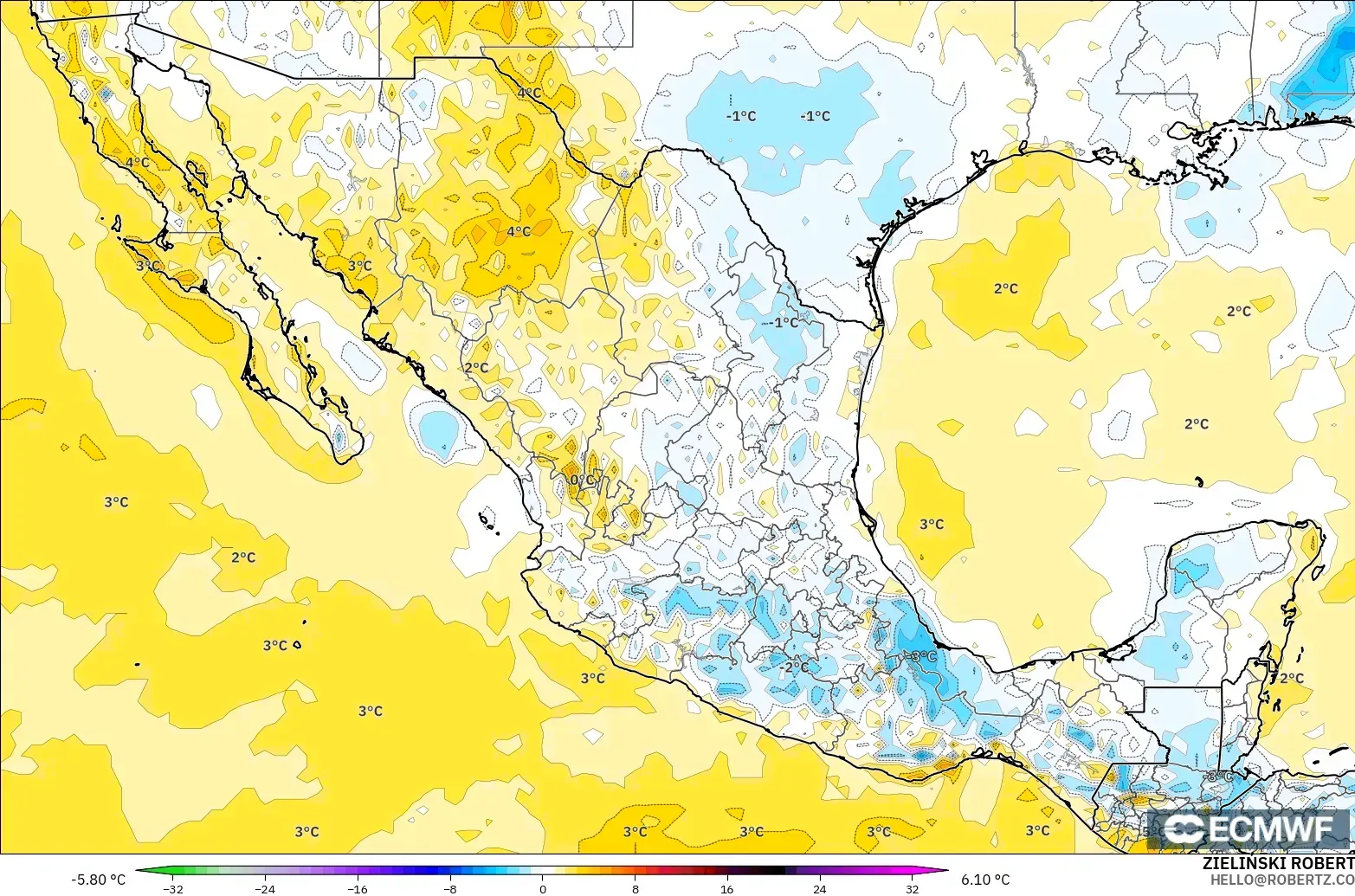 ECMWF IFS 0.25° model - Meksiko, Anomali Suhu 2 m