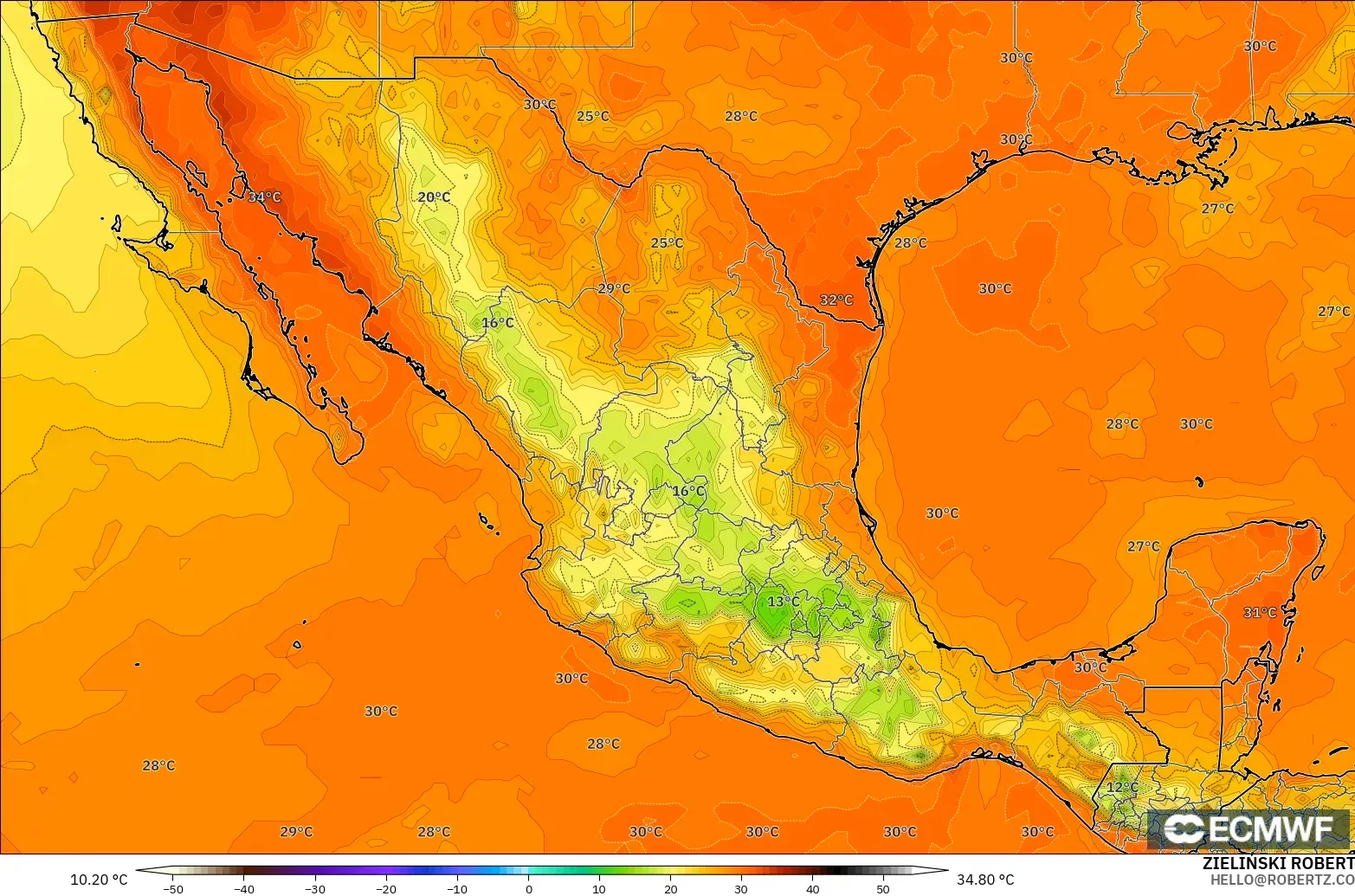 ECMWF IFS 0.25° model - Meksiko, Suhu 2 m