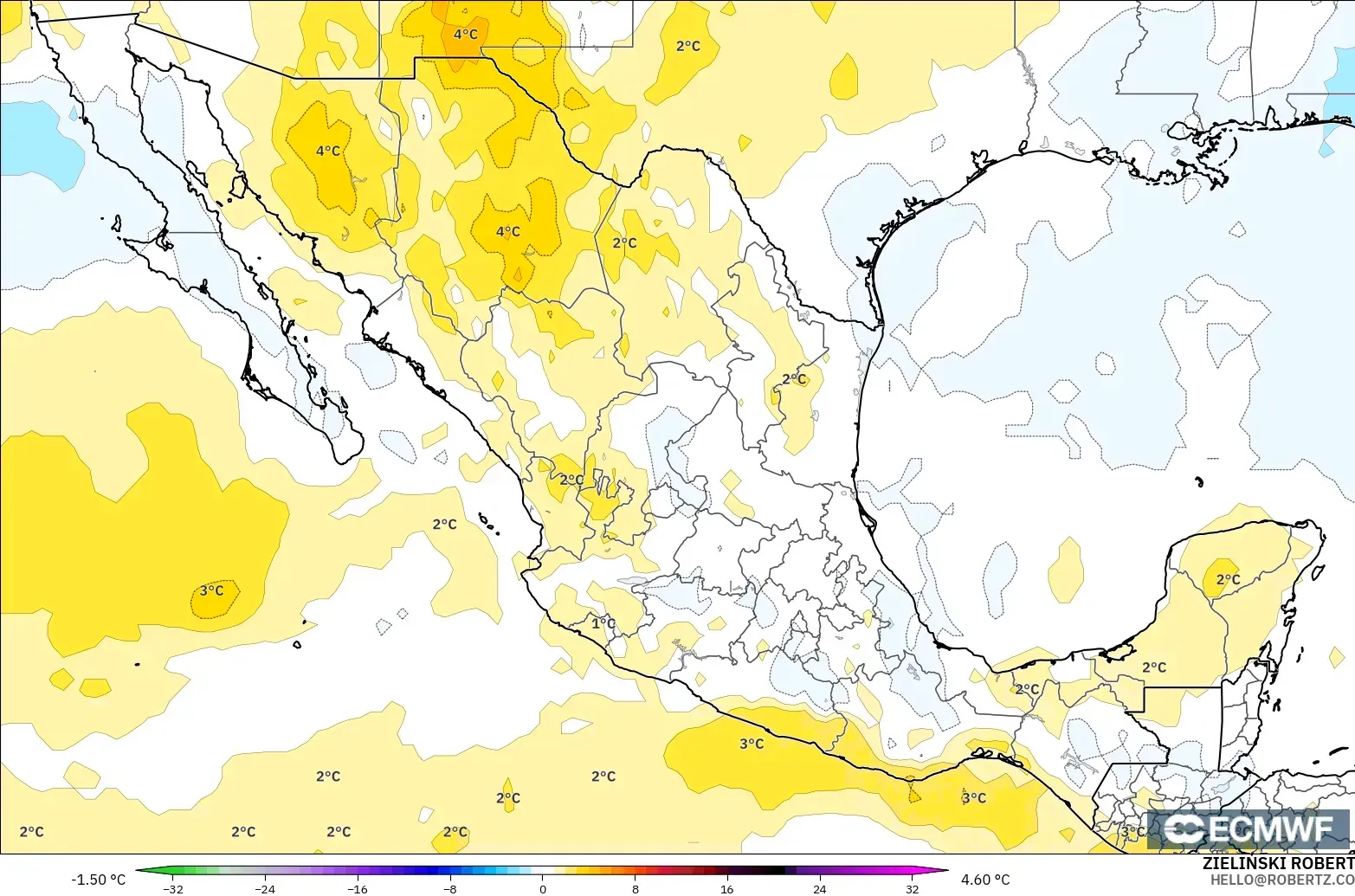 ECMWF IFS 0.25° model - Meksiko, Anomali Suhu 850 hPa