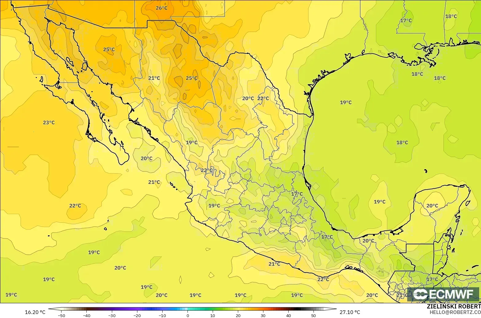 ECMWF IFS 0.25° model - Meksiko, Suhu 850 hPa