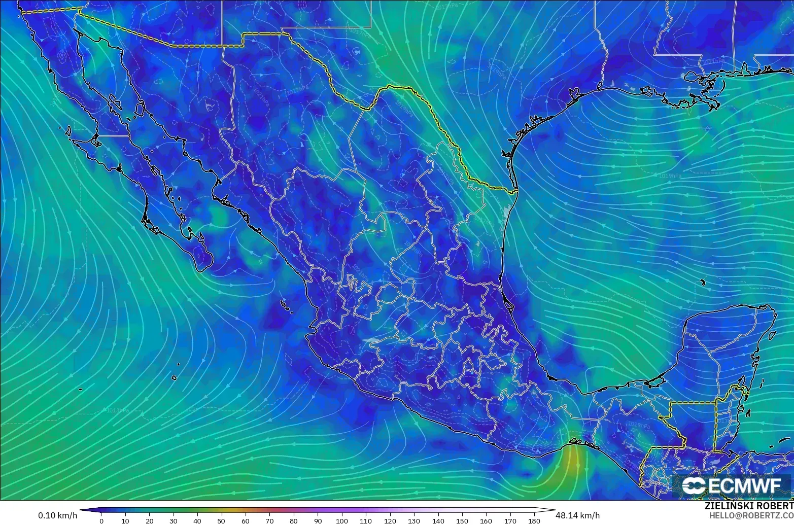 ECMWF IFS 0.25° model - Meksiko, Angin 10 m