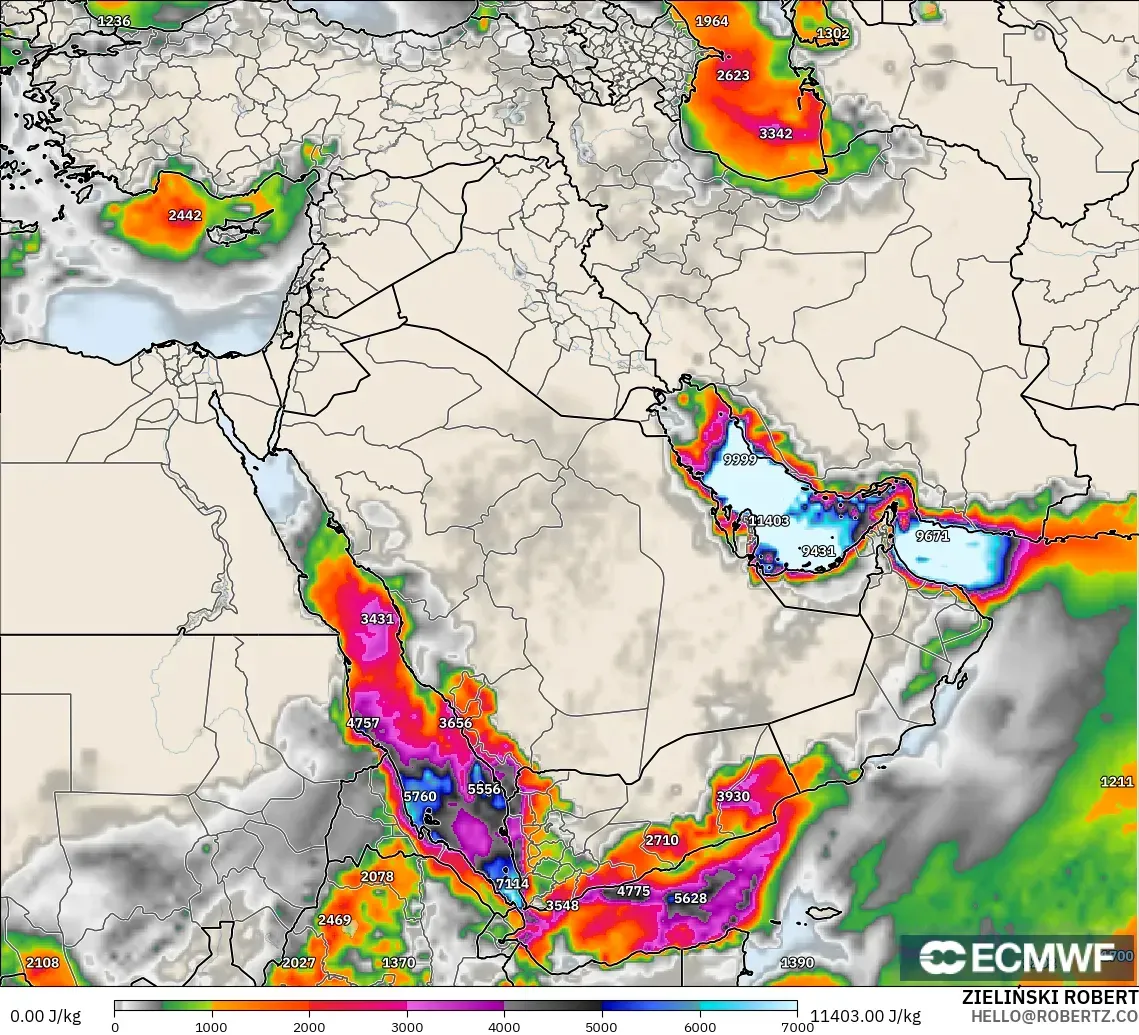 ECMWF IFS 0.25° model - Timur Tengah, CAPE
