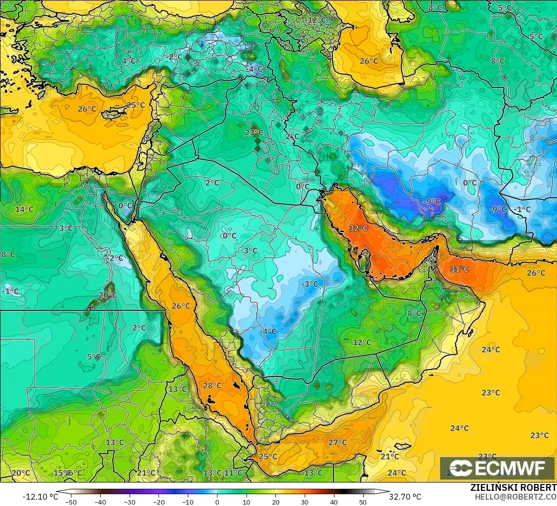 ECMWF IFS 0.25° model - Timur Tengah, Titik Embun 2 m