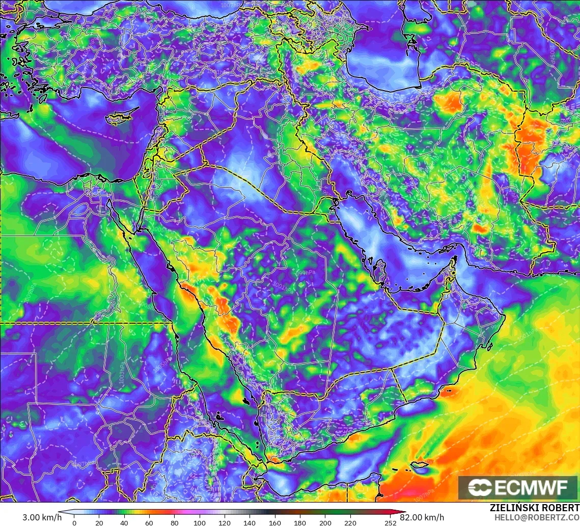 ECMWF IFS 0.25° model - Timur Tengah, Hembusan Angin