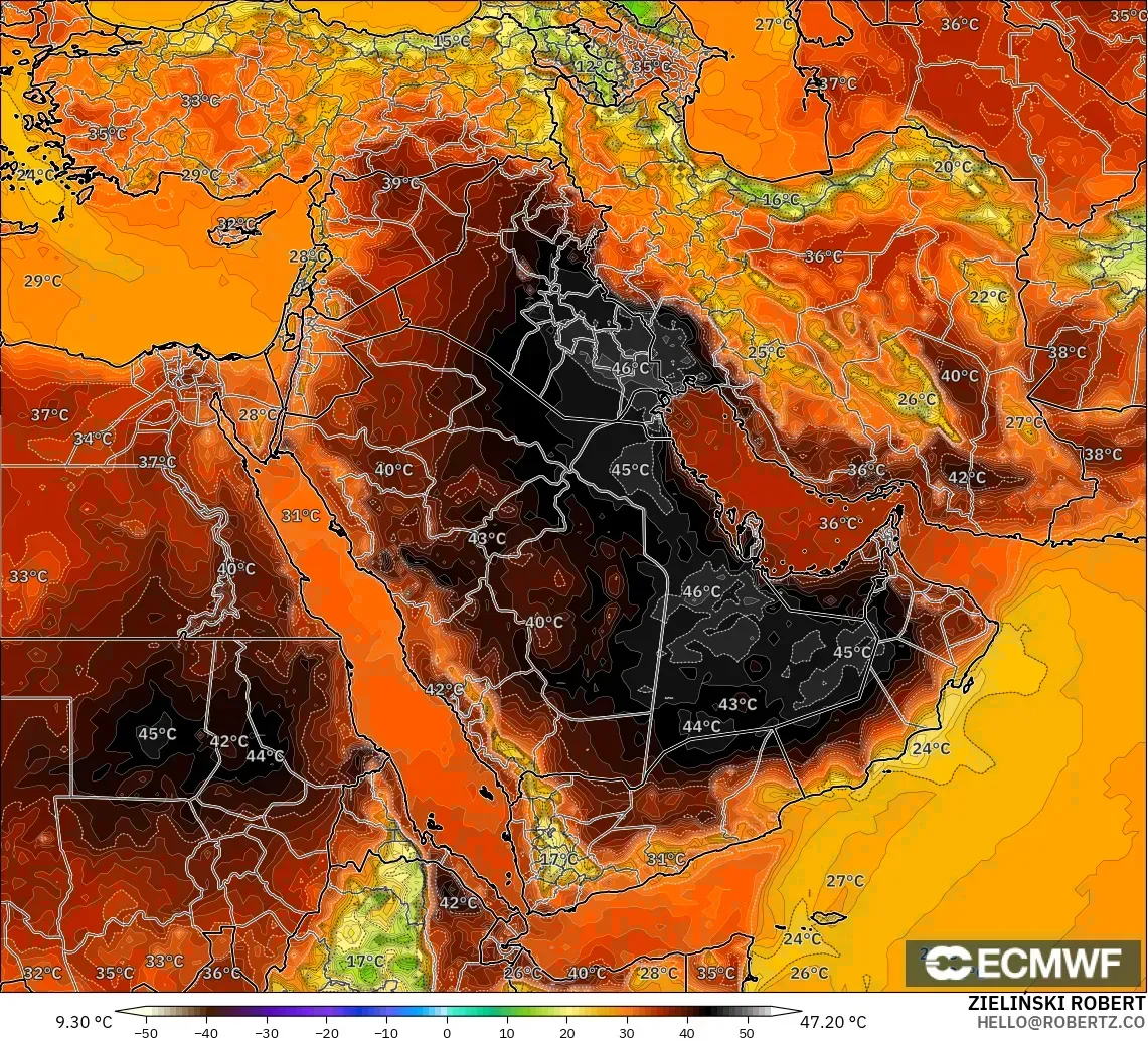 ECMWF IFS 0.25° model - Timur Tengah, Suhu 2 m