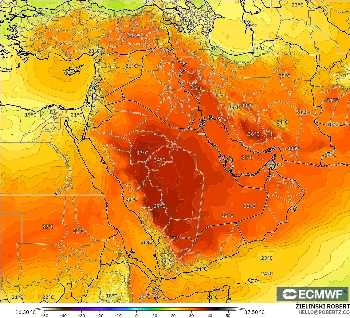 ECMWF IFS 0.25° model - Timur Tengah, Suhu 850 hPa