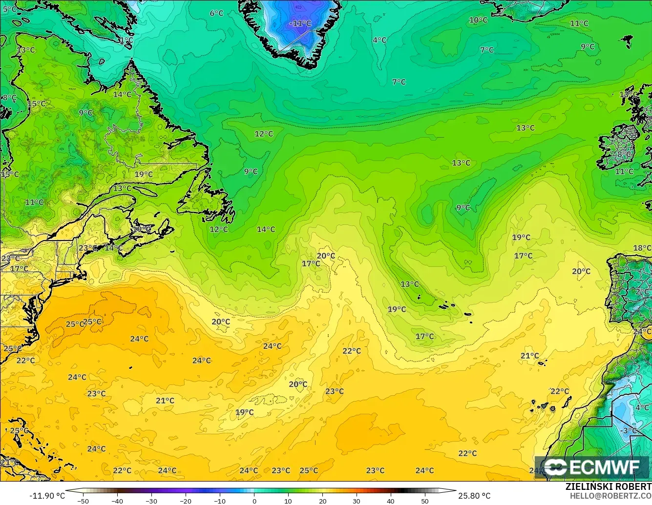 ECMWF IFS 0.25° model - Atlantik Utara, Titik Embun 2 m