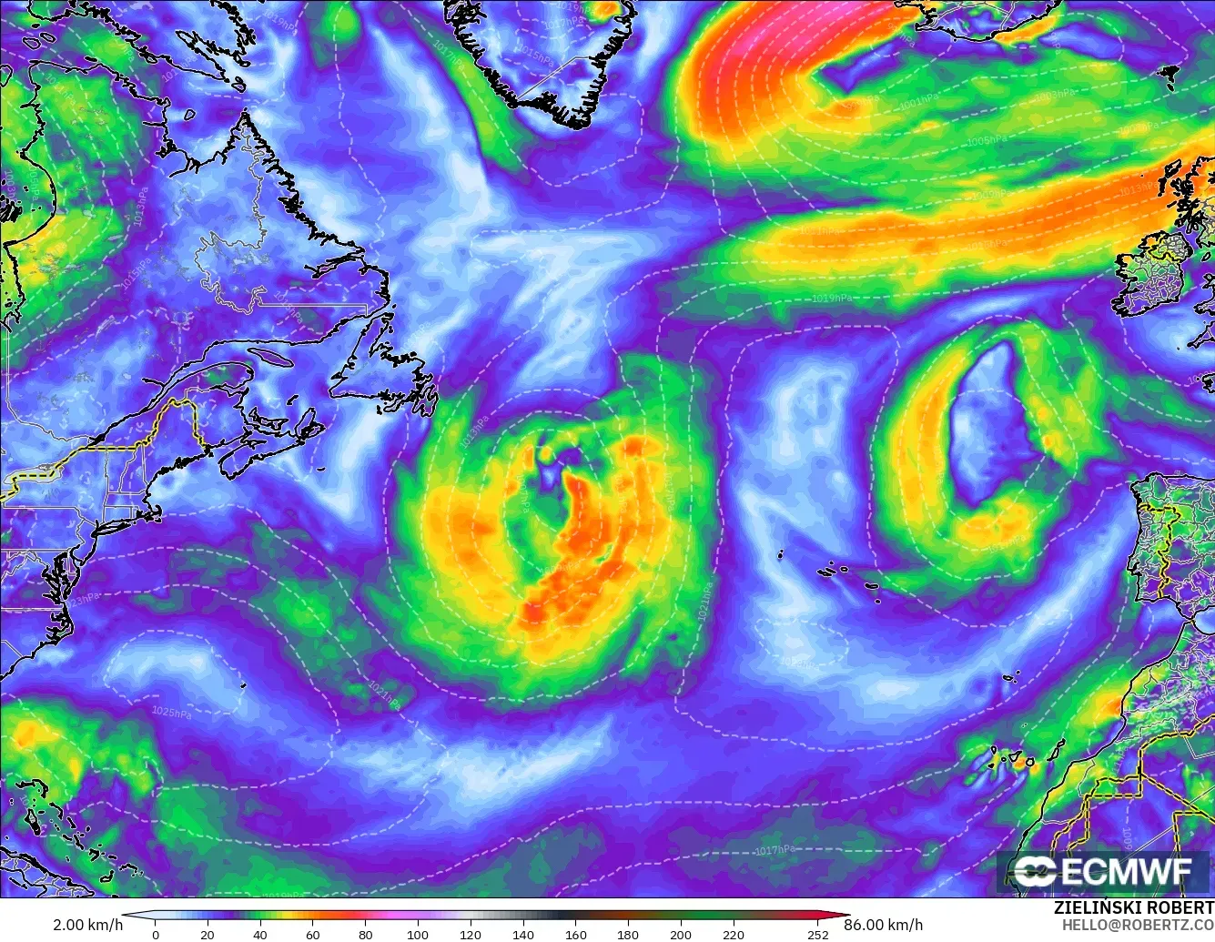 ECMWF IFS 0.25° model - Atlantik Utara, Hembusan Angin