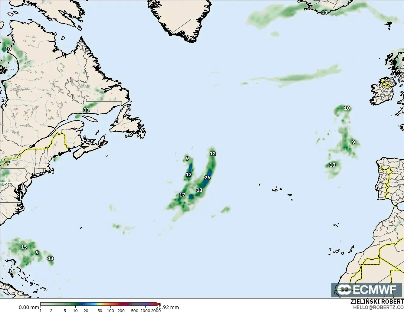 ECMWF IFS 0.25° model - Atlantik Utara, Akumulasi Curah Hujan