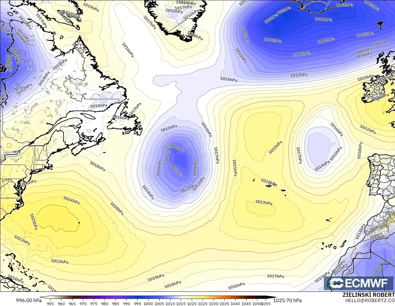 ECMWF IFS 0.25° model - Atlantik Utara, Tekanan
