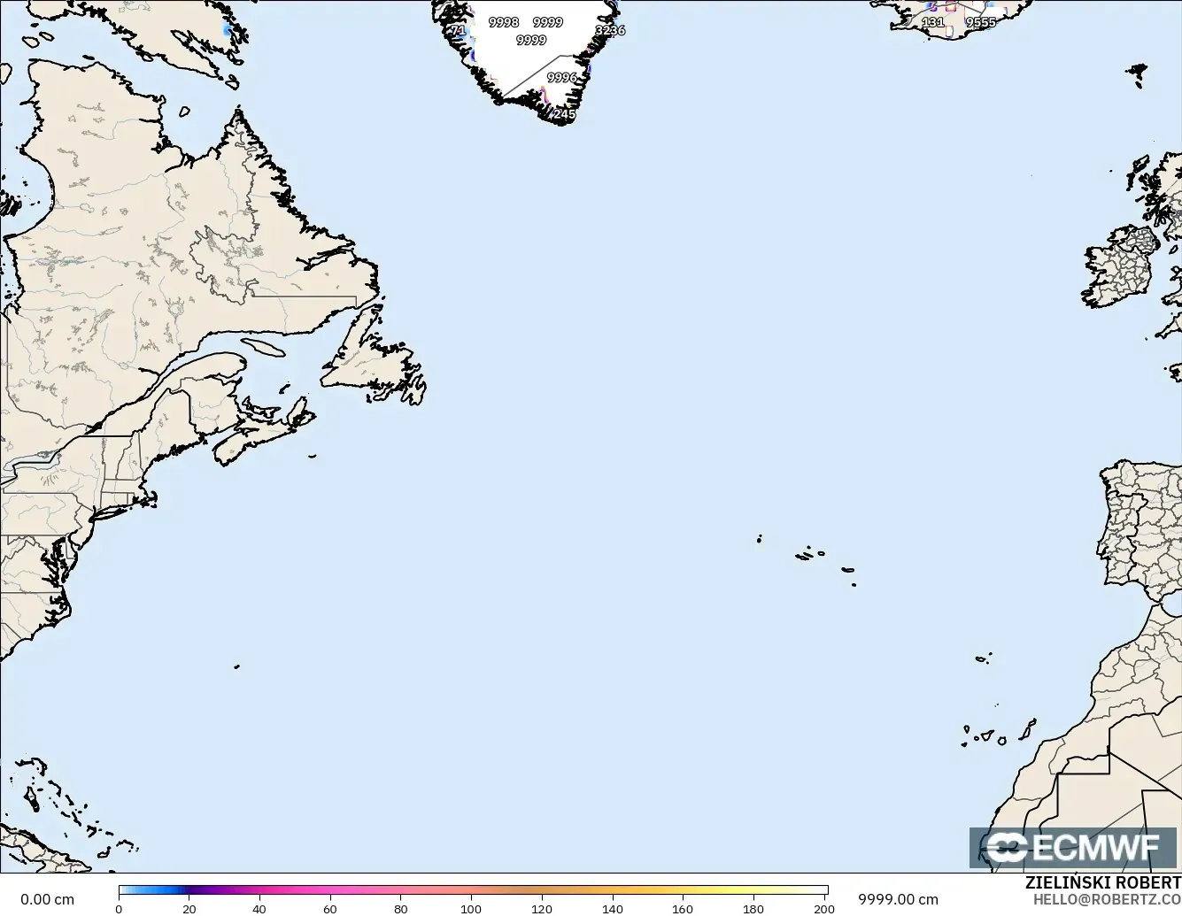 ECMWF IFS 0.25° model - Atlantik Utara, Kedalaman Salju