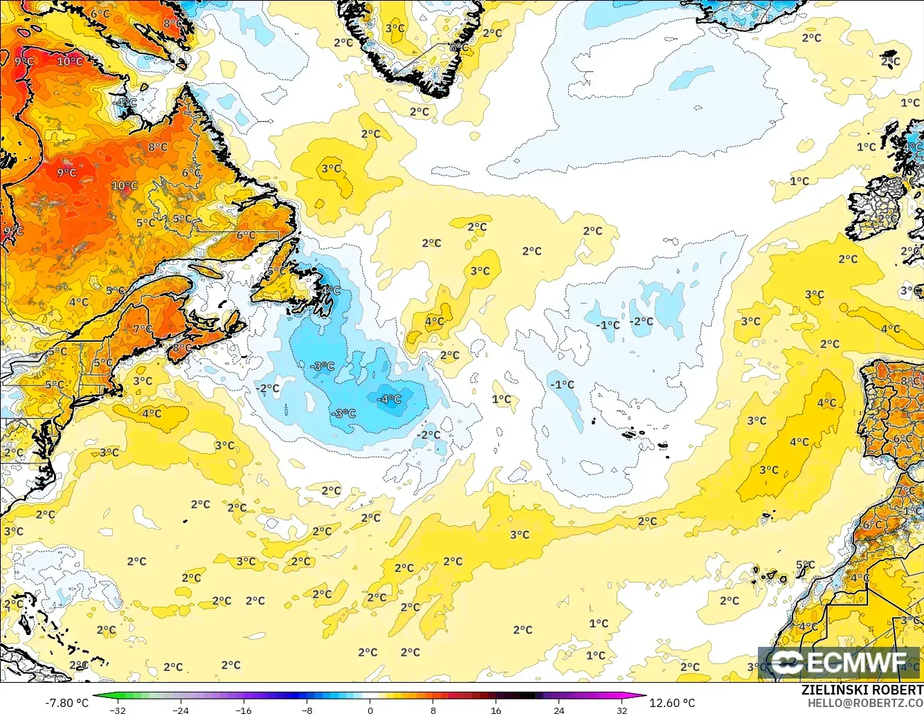 ECMWF IFS 0.25° model - Atlantik Utara, Anomali Suhu 2 m
