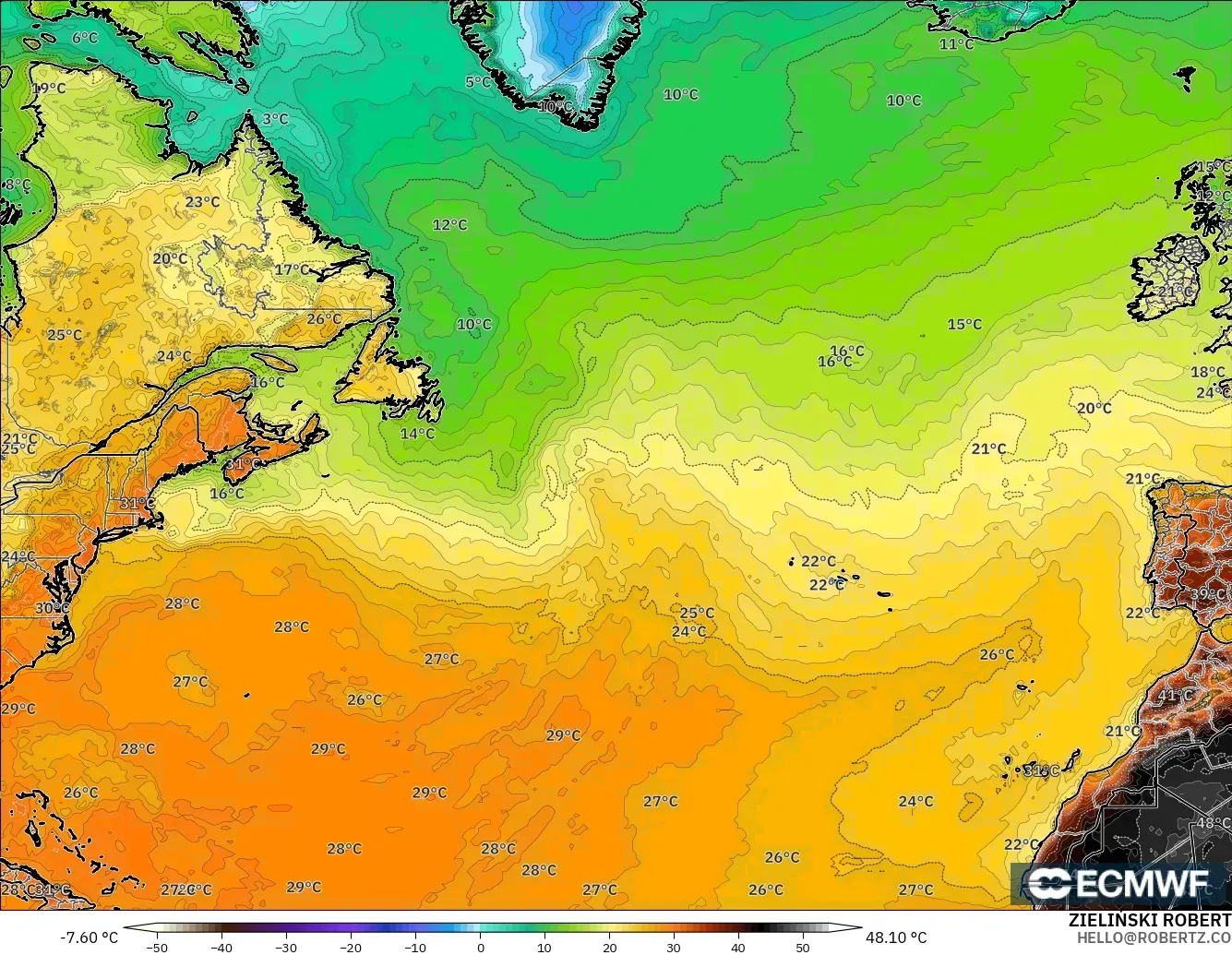 ECMWF IFS 0.25° model - Atlantik Utara, Suhu 2 m