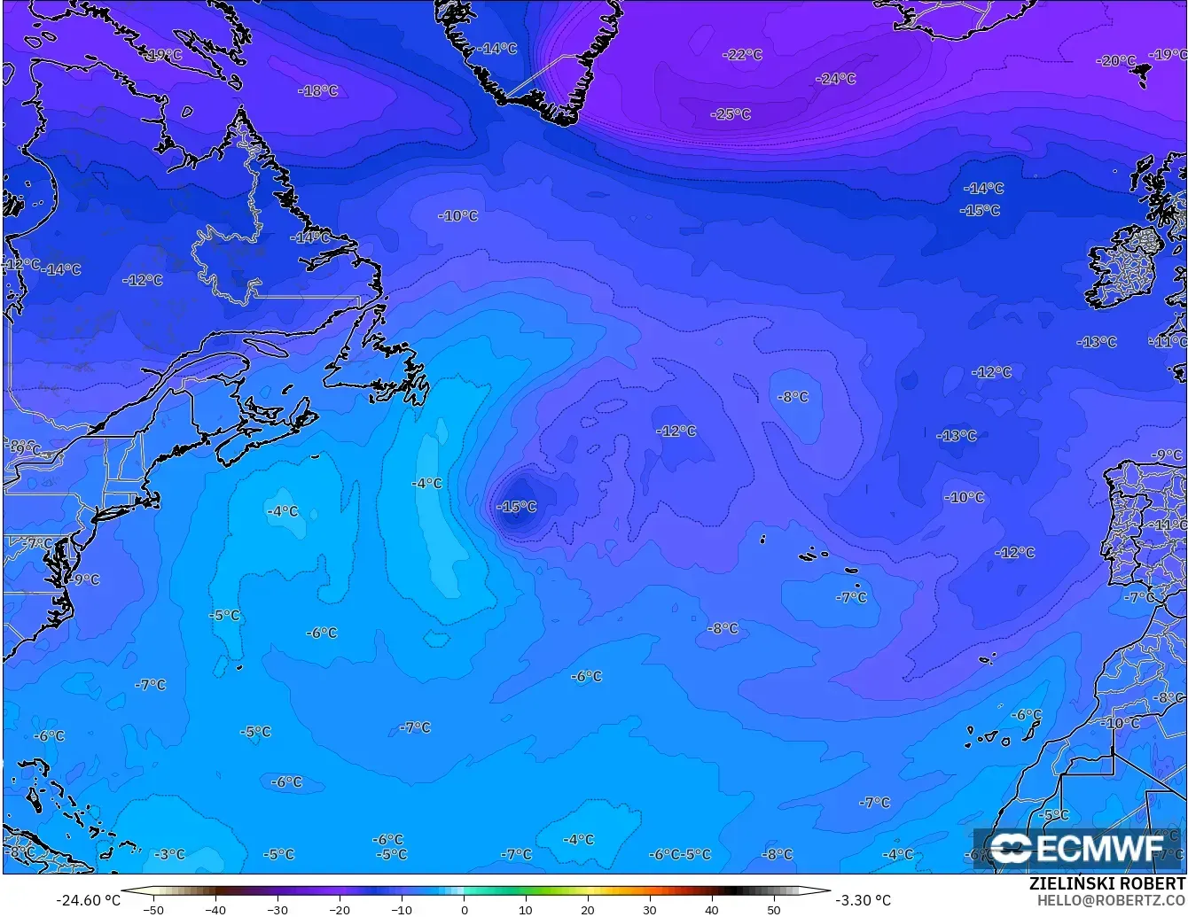 ECMWF IFS 0.25° model - Atlantik Utara, Suhu 500 hPa