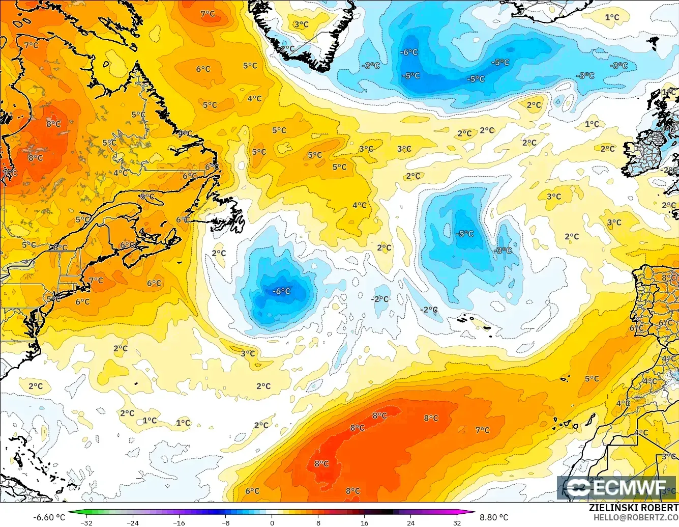 ECMWF IFS 0.25° model - Atlantik Utara, Anomali Suhu 850 hPa