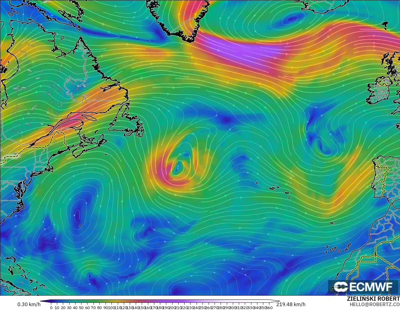 ECMWF IFS 0.25° model - Atlantik Utara, Angin 300 hPa (aliran jet)