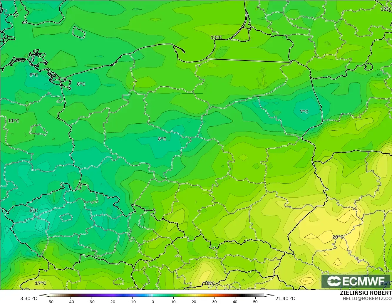 ECMWF IFS 0.25° model - Polandia, Titik Embun 2 m