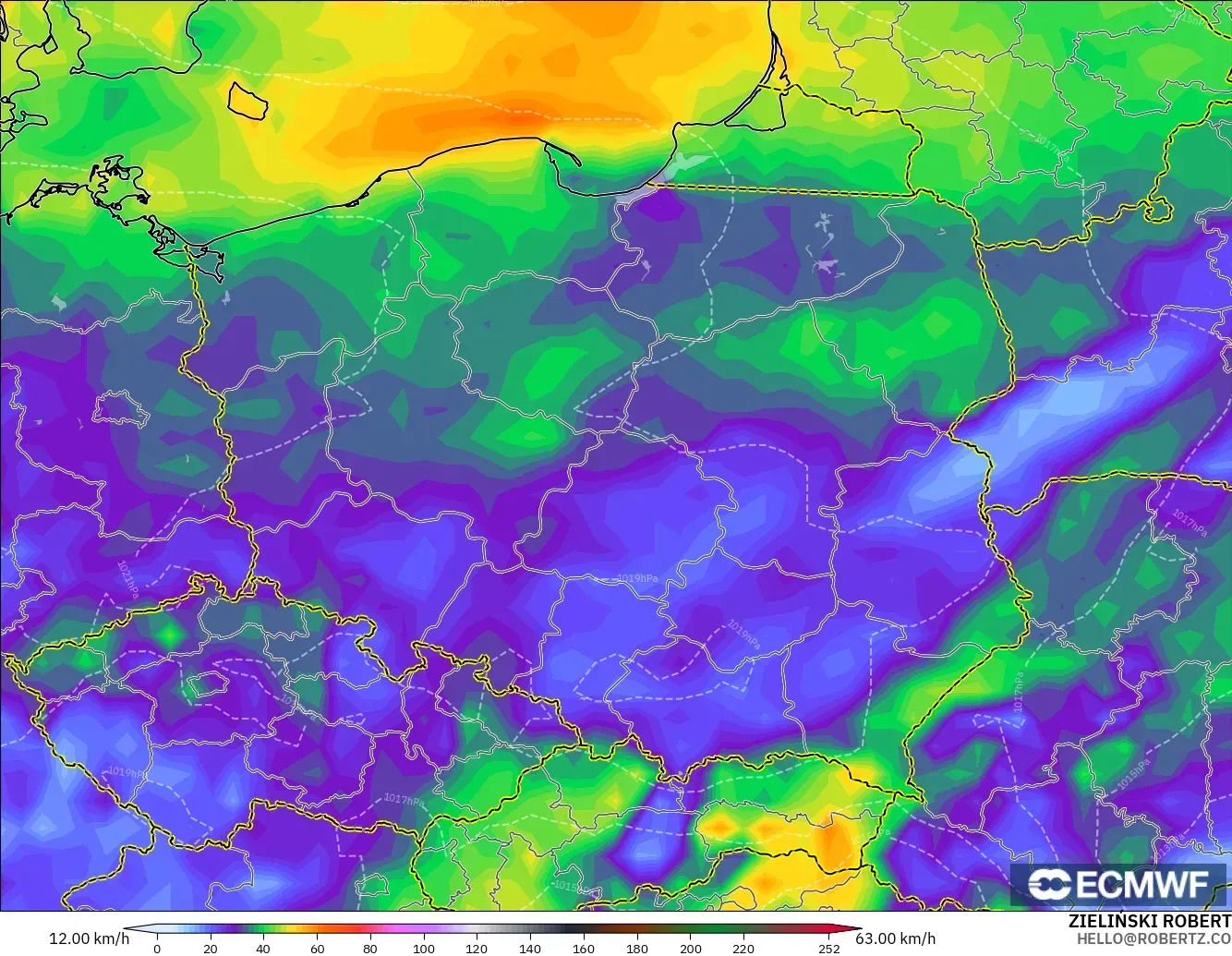 ECMWF IFS 0.25° model - Polandia, Hembusan Angin