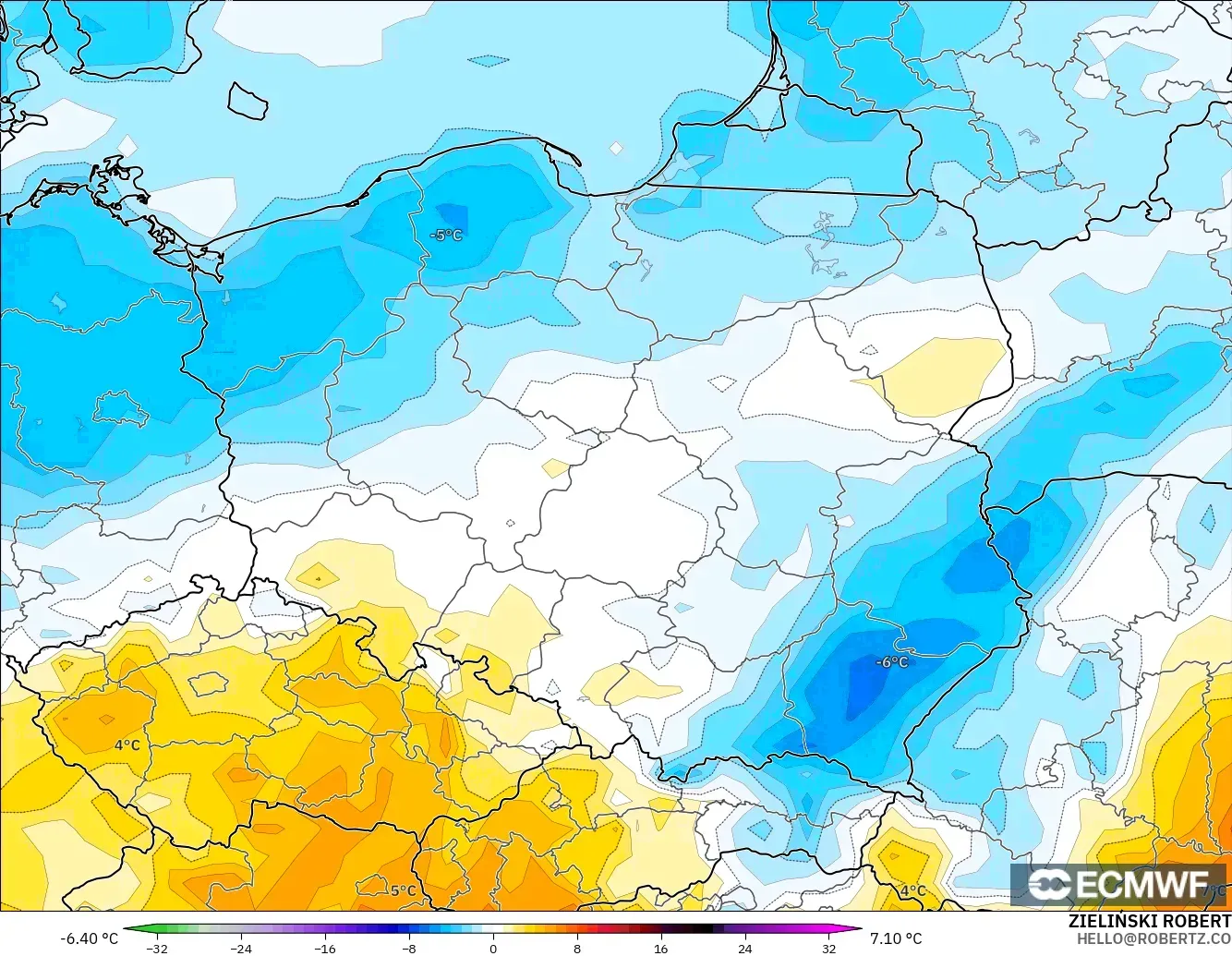 ECMWF IFS 0.25° model - Polandia, Anomali Suhu 2 m