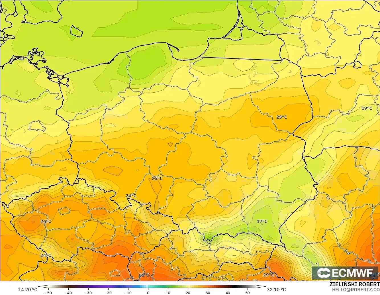 ECMWF IFS 0.25° model - Polandia, Suhu 2 m