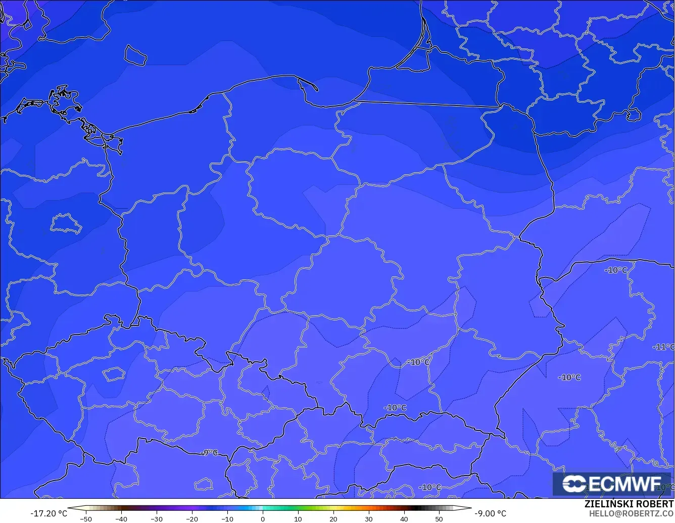 ECMWF IFS 0.25° model - Polandia, Suhu 500 hPa