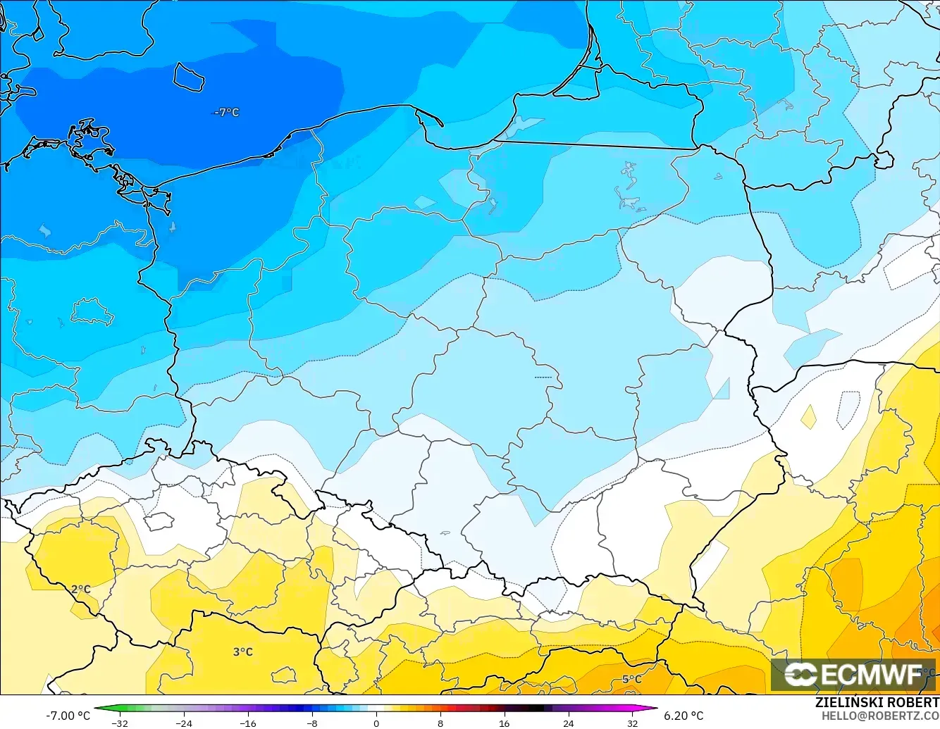 ECMWF IFS 0.25° model - Polandia, Anomali Suhu 850 hPa