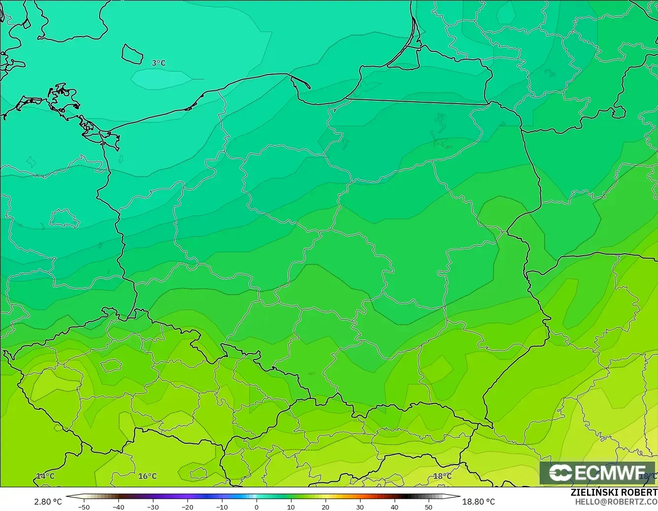 ECMWF IFS 0.25° model - Polandia, Suhu 850 hPa