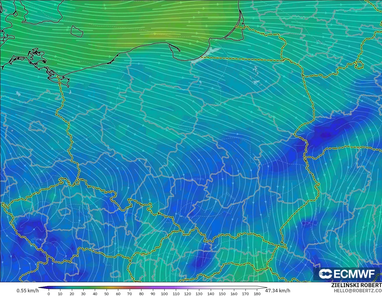 ECMWF IFS 0.25° model - Polandia, Angin 10 m