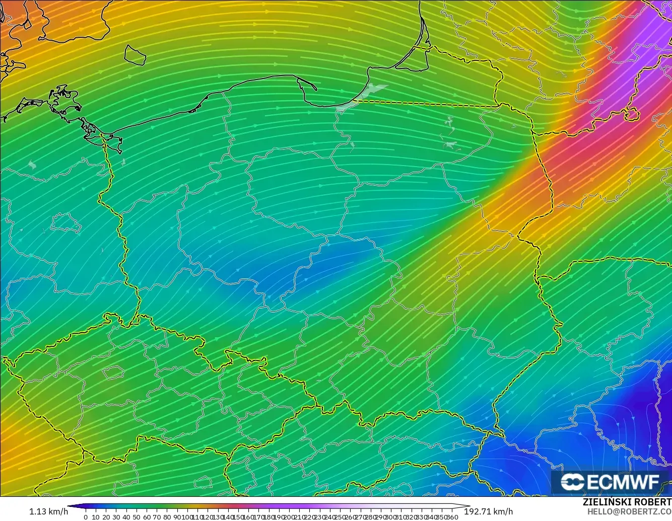 ECMWF IFS 0.25° model - Polandia, Angin 300 hPa (aliran jet)