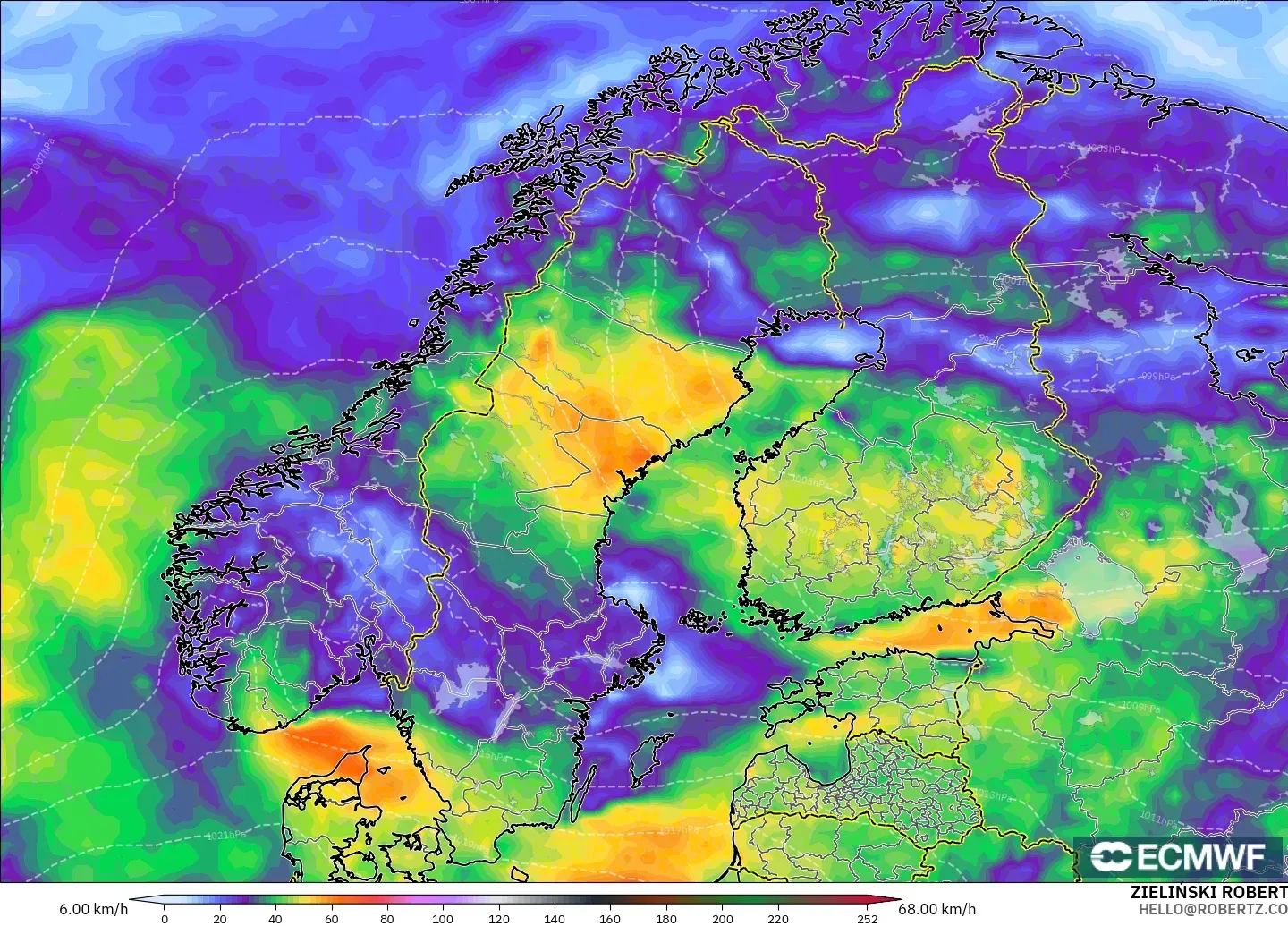 ECMWF IFS 0.25° model - Skandinavia, Hembusan Angin