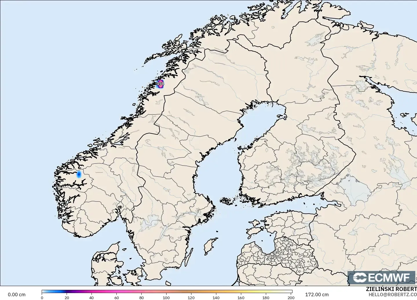 ECMWF IFS 0.25° model - Skandinavia, Kedalaman Salju