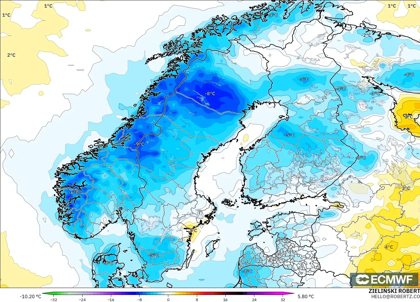 ECMWF IFS 0.25° model - Skandinavia, Anomali Suhu 2 m