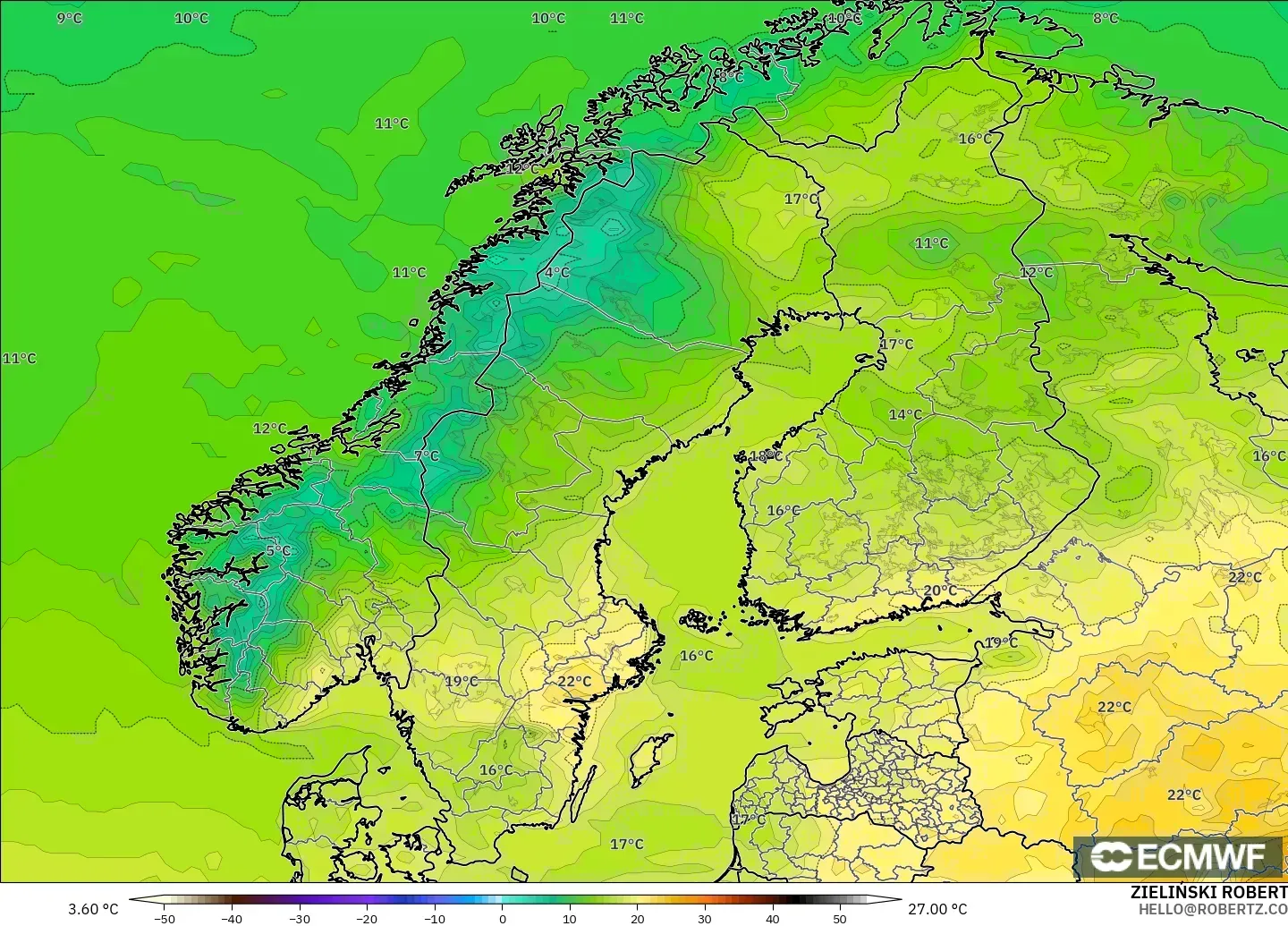ECMWF IFS 0.25° model - Skandinavia, Suhu 2 m