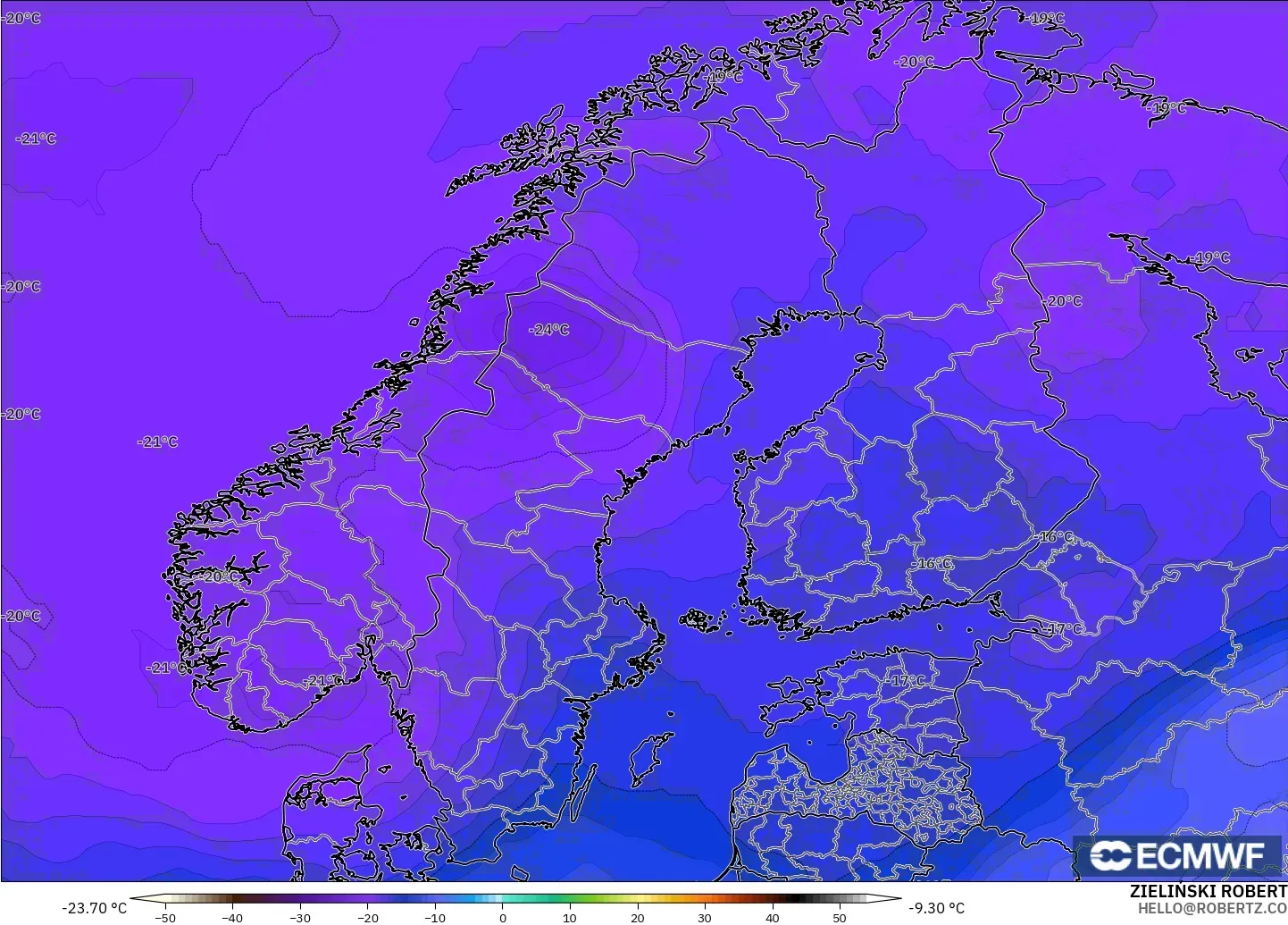 ECMWF IFS 0.25° model - Skandinavia, Suhu 500 hPa