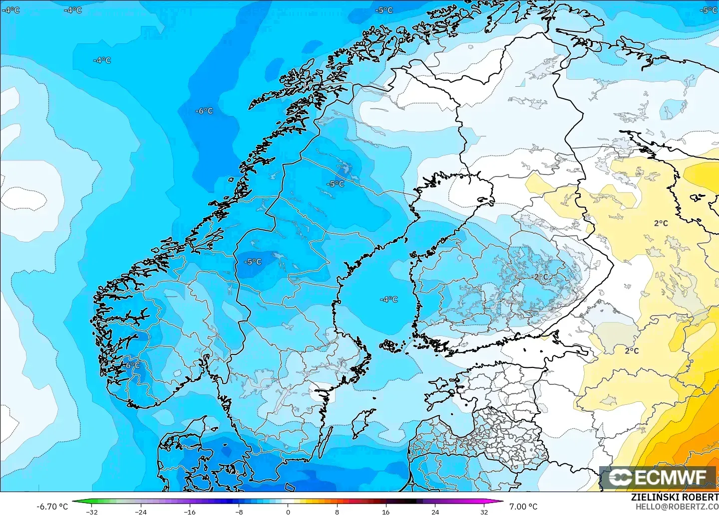 ECMWF IFS 0.25° model - Skandinavia, Anomali Suhu 850 hPa
